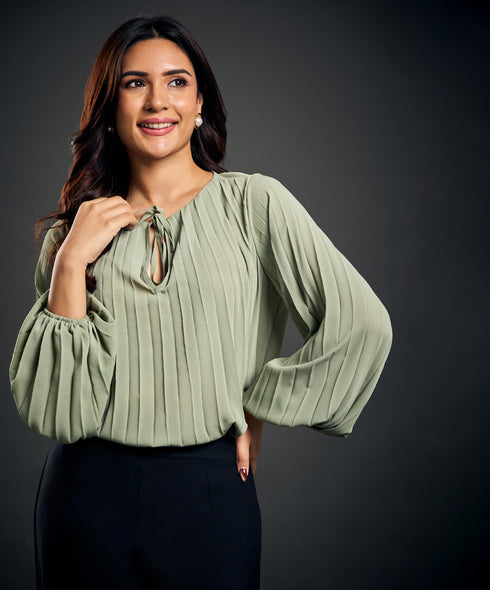 Crepe Pleated Chiffon Green Top